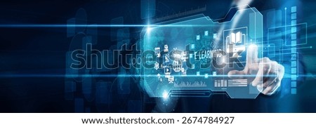 Trainer hand touching e-learning digital data module courses, education platforms knowledge, virtual training accessibility engagement growth, and innovation development.