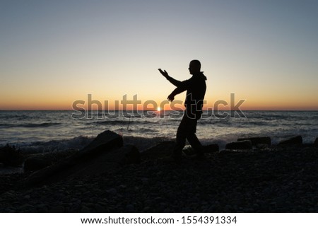 The trainer of Wing Chun system shows Tao Sao technique. A silhouette of man practicing the skill in Chinese Kung Fu - Wing Chun on sea sunset background