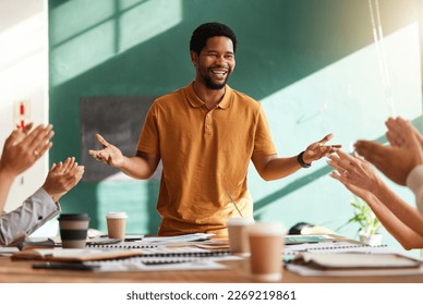Training, applause and meeting with black man speaker for creative, planning and presentation in startup. Success, winner and celebration with group of people in workshop for target, support and wow - Shutterstock ID 2269219861