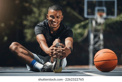 Training, basketball player and man stretching legs in outdoor community court, muscle energy and healthy sports game performance. Happy, strong and young male athlete warm up exercise in competition - Powered by Shutterstock