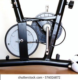 Training Bike Inside, Exercise Bike Parts, Black Frame Flywheel Magnetic Resistance, Home Fitness Bike Cyclette Details And White Background