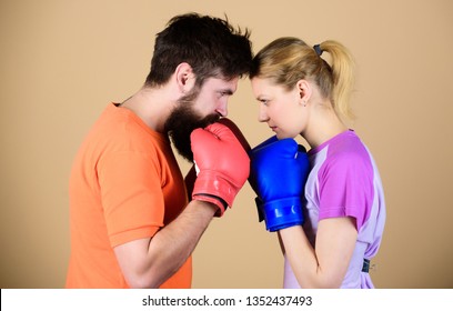 Training With Coach. Happy Woman And Bearded Man Workout In Gym. Punching, Sport Success. Sportswear. Fight. Knockout And Energy. Couple Training In Boxing Gloves. One Team, One Dream.