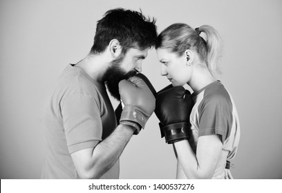 Training With Coach. Happy Woman And Bearded Man Workout In Gym. Punching, Sport Success. Sportswear. Fight. Knockout And Energy. Couple Training In Boxing Gloves. One Team, One Dream.