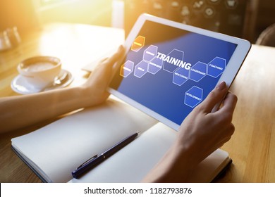 Training course, E-learning, education concept on device screen.