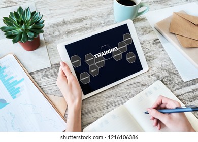 Training course, E-learning, education concept on device screen