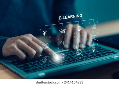 training digital online, e-learning on a laptop. concept lesson learning e-book, library on the internet website, webinar technology, course education. learning icon