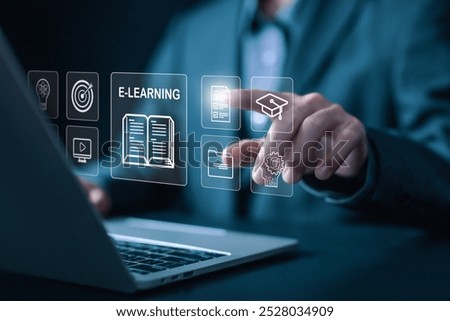 training digital online, e-learning on a laptop. concept lesson learning e-book, library on the internet website, webinar technology, course education. learning icon
