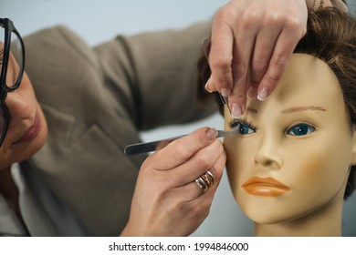 Training For Permanent Eyelash Extension On Silicone Mannequin Head In Cosmetology Beauty Esthetic Center