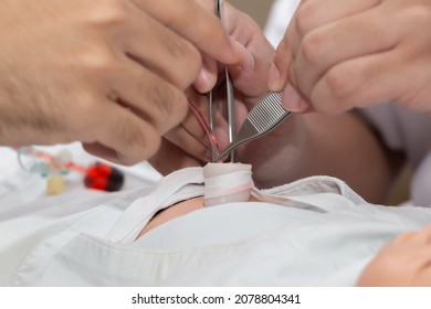 Training Practice Of Umbilical Catheterization Newborn Infant In Labour Room Or Nursery Care Unit In Hospital