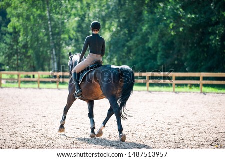 Training process. Young teenage girl riding bay horse on arena at equestrian school. Colored outdoors horizontal summertime image with filter. View from backside