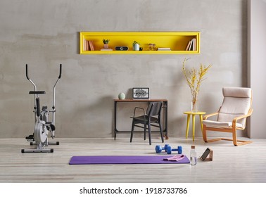 Training and sportive room, grey interior style, stone wall, bike and purple mat, blue dumbbell, yellow bookshelf background. - Powered by Shutterstock