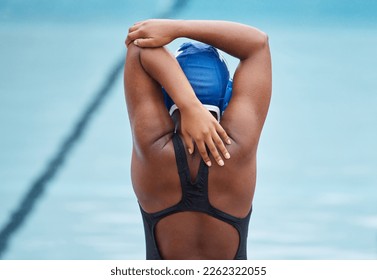 Training, sports and stretching with black woman at swimming pool for health, workout and fitness. Wellness, relax and motivation with arm warm up of athlete for cardio, endurance and exercise goals - Powered by Shutterstock