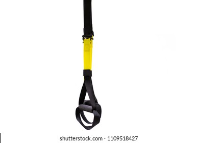 Training strap equipment. Black strap functional training equipment on grey background. Sport accessories. Fitness and Gym workout items for Healthy. Advertising banner 