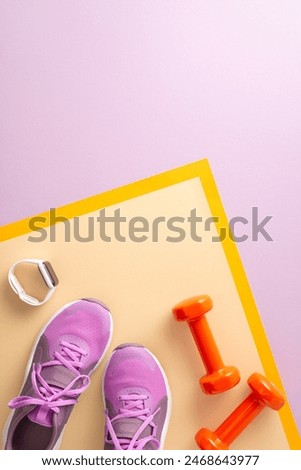 Training tools. Flat lay vertical top view of running shoes, dumbbells, yoga mat, smart tracker on pastel violet background with space for text or advertising