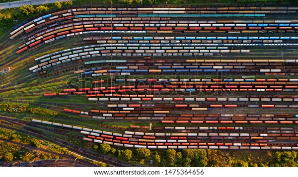 Trains from above. Europe transportation. Train\
platform aerial view