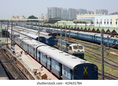 Trains Parked At Railway Station In India.