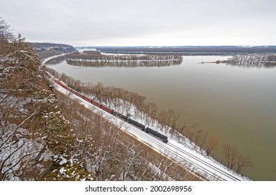 Trains Running Along The Great River Road Near Savanna, Illinois