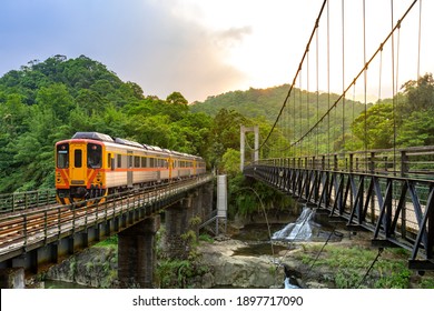 Trains Traveling at Pingxi Line in , New Taipei City, Taiwan