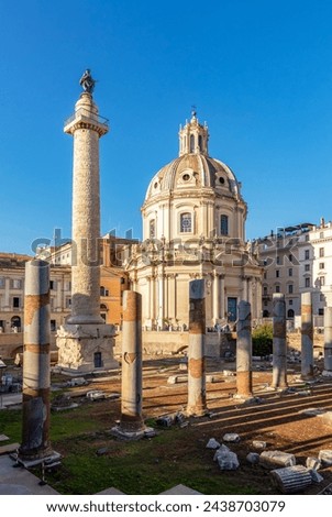 Trajan's Column and Church of the Most Holy Name of Mary at Trajan Forum in Rome, Italy