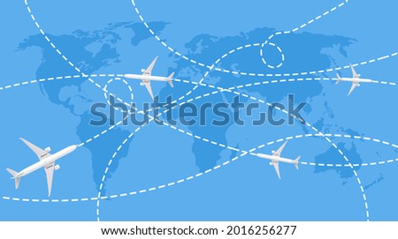 Trajectories of passenger aircraft on the blue world map