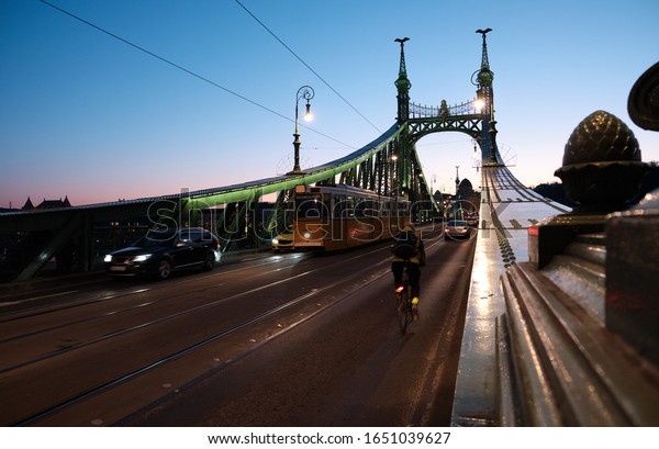 Tram, car and bike on the Liberty Bridge in\
Budapest in the evening.