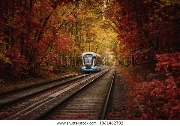 Tram at golden forest autumn tunnel. Electric city\
transport in Moscow,\
Russia