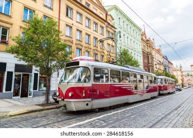Tram at old street in Prague, Czech Republic in a summer day