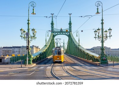 Tram on Elisabeth (Erzsebet) bridge in Budapest, Hungary