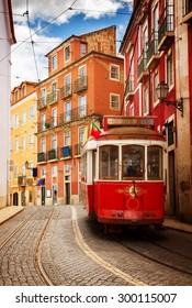 Tram On Narrow Street Of Alfama, Lisbon, Portugal, Retro Toned