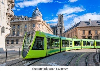 Tram On The Streets Of Reims, France