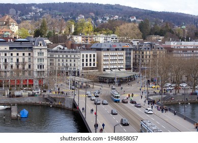 Tram And People At Bellevue Square At City Of Zurich. Photo Taken April 3rde, 2021, Zurich, Switzerland.