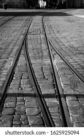 Tram Rails And Cobble Stones In Senaatintori Helsinki, Finland