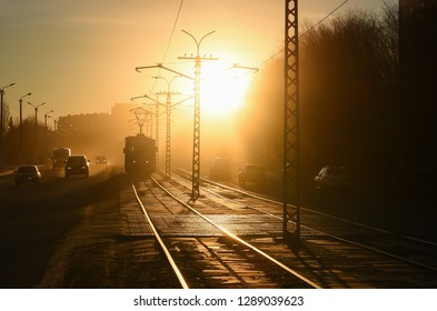 Tram in sunset
