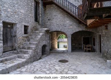 Tramonti di Sotto, Italy. September 2021.  The inner courtyard of an ancient rural building in northern Italy
