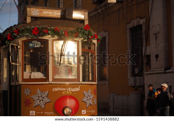 Tramway  on\
street of Lisbon city.Portugal. Year\
2018