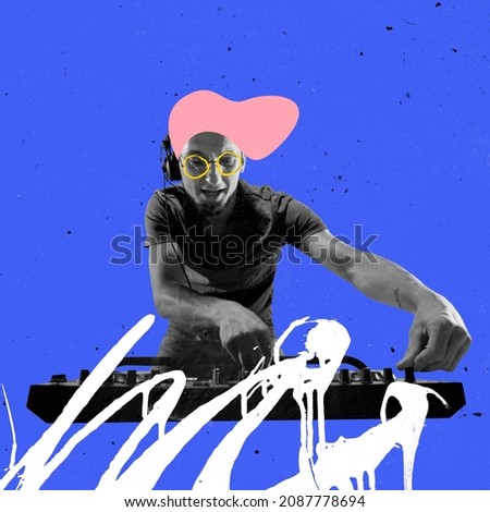 Trance music mix. Stylish male dj playing modern music isolated on bright blue neon background. Copy space for ad. Conceptual, contemporary art collage. Trendy magazine style, surrealism
