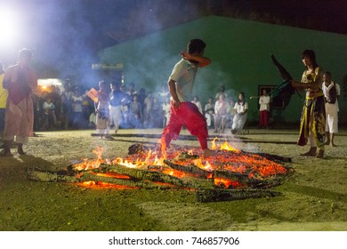 Trang, Thailand - November 1, 2017: People Firewalk Cross Holy Bonfireat Tai-sia-hood-jow Trang Shrine Located In Muang Distric.