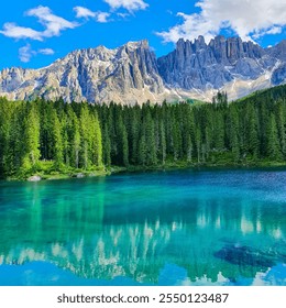 A tranquil alpine lake displays stunning turquoise waters surrounded by lush evergreen trees, reflecting the towering mountains bathed in sunlight.Karersee or Lago Di Carezza Dolomites Italy - Powered by Shutterstock