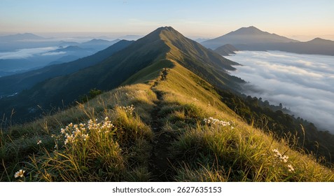 Tranquil Awakening Over Gunung Argopuro’s Cloud-Wrapped Ridge at Sunrise