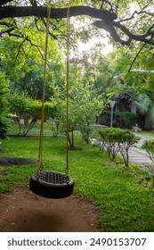 Tranquil backyard setting with tyre swing hanging from tree branch. Swinging homemade tire on a tree in the summer forest. No one on the tire swing. Swing in a park lawn. Childhood memories backdrop.