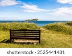 a tranquil beach scene featuring an empty bench situated on a sandy shore. The bench, made of wood and painted in a light brown color, overlooking Craigleith Island, Firth of Forth, Scotland, UK  