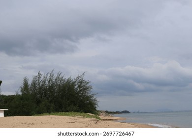 A tranquil beach scene under a cloudy sky. In the foreground, there is a small beachfront area with sand and a few plants