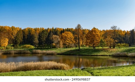 The tranquil beauty of a lakeside scene in autumn, with a tapestry of colorful trees reflecting on the calm water under the clear blue sky. Serene Lakeside Autumn Panorama - Powered by Shutterstock