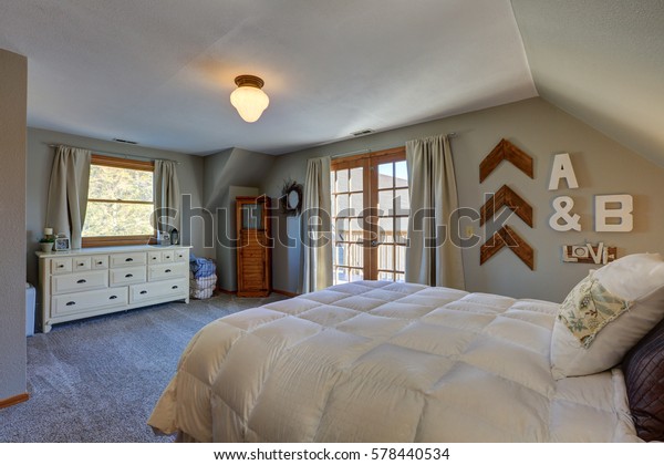 Tranquil Bedroom Sloped Ceiling Doors Nice Stock Photo Edit Now