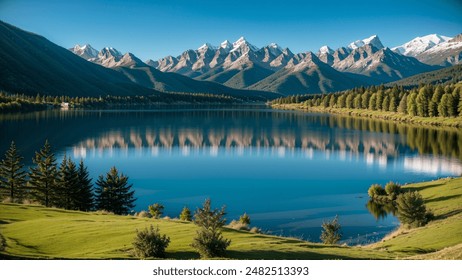 Tranquil Blue Lake Between Lush Forests and Mountains - Powered by Shutterstock