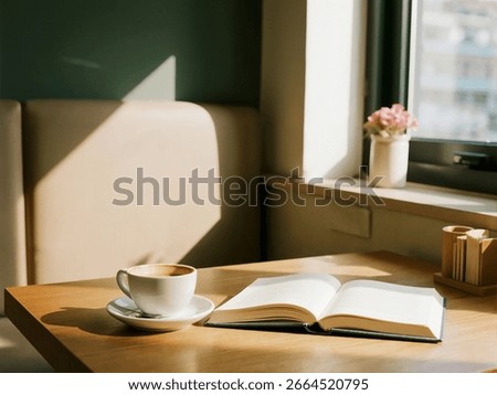 A tranquil cafe interior bathed in warm morning light, with an open book and a cup of coffee resting on a wooden table next to a window.