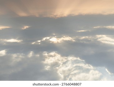 A tranquil celestial gradient transitions from soft cerulean to warm apricot. Layered with wispy highlights and lavender-tinted depths, this dreamlike atmosphere uses diffused sunbeams to create an immersive, golden-hour backdrop.