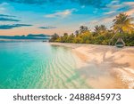 Tranquil closeup calm sea water waves with palm trees. Beautiful sunrise sunset sunlight. Tropical island beach landscape exotic shore coast. Summer vacation, holiday amazing nature. Relax paradise