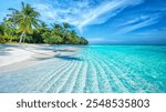 Tranquil closeup calm sea water waves with palm trees. Beautiful Panorama, Tropical island beach landscape exotic shore coast. Summer vacation, holiday amazing nature. Relax paradise, Maldives.