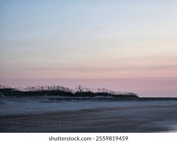 A tranquil coastal sunset captures the sun as it dips below the horizon, casting a soft pink glow over the calm ocean waves. The serene sky blends pastel hues of lavender, blue, and peach, reflecting  - Powered by Shutterstock